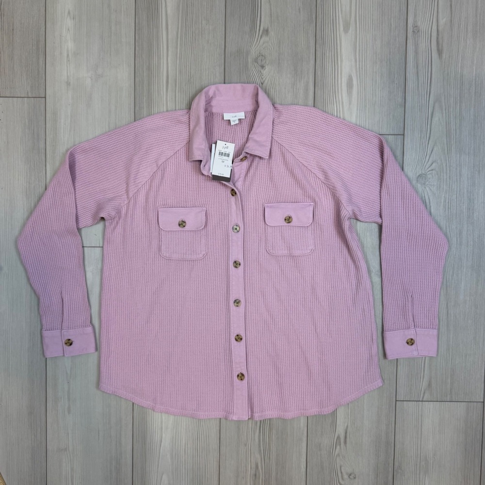 NWT J. Jill Pink Waffle Knit Button Down Shirt Cotton Thermal Shacket Medium